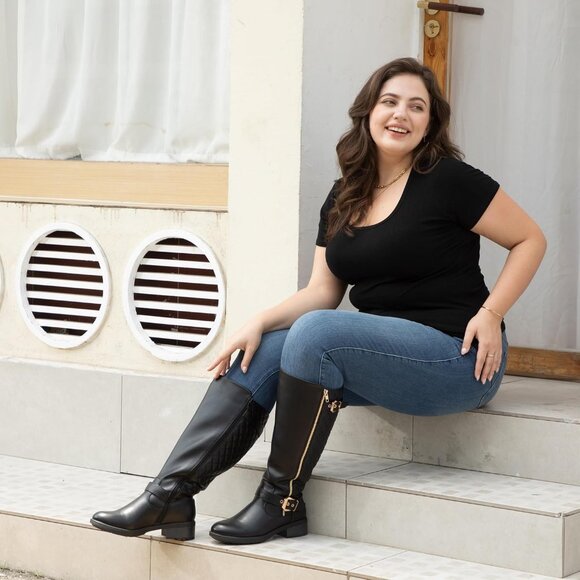 Women Extra Wide Calf Knee High Riding Black Boot Double Buckle Retro Chic Style - Picture 4 of 6